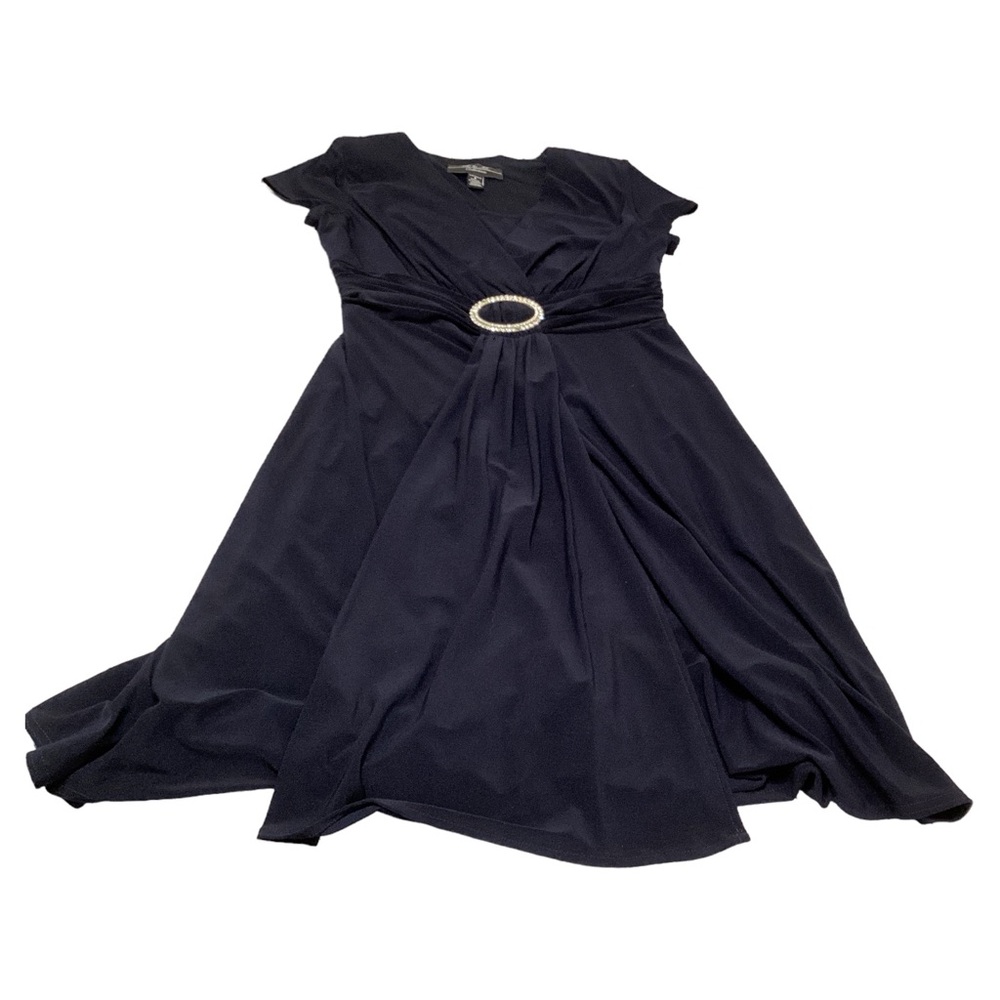 R&M Collection Blue Short Sleeve V-Neck Knee Length Faux Wrap Cascade Dress Sz 8